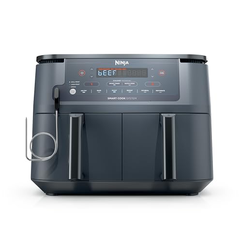 Ninja Foodi Air Fryer w/Smart Cook Thermometer | 6-in-1 Air Fry, Roast, Bake, Dehydrate & More | DualZone™ Match Cook & Smart Finish, 2 Independent Baskets | XL 10 Qt, Stainless Steel | Grey,DZ550GY