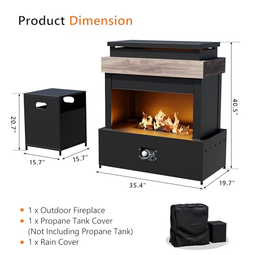 MaxMulti Outdoor Propane Fireplace w Tank Table, 50,000 BTU Gas Fire Pit with Ceramic Logs, Rain Cover, 35 Inch Steel Metal Smokeless Fireplace for Patio, Deck, CSA Certified (35 x 40 Inch)