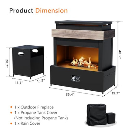MaxMulti Outdoor Propane Fireplace w Tank Table, 50,000 BTU Gas Fire Pit with Ceramic Logs, Rain Cover, 35 Inch Steel Metal Smokeless Fireplace for Patio, Deck, CSA Certified (35 x 40 Inch)