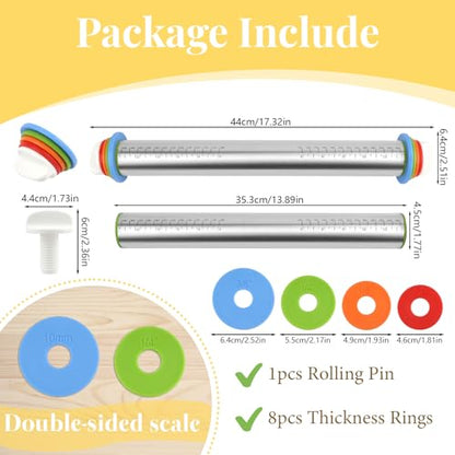 Adjustable Rolling Pin with 4 Thickness Rings for Baking, 17” Stainless Steel Dough Roller with Clear Measurement Markings for Pizza, Fondant, Pie, Cookies, Baking Supplies, Pastry, Pasta