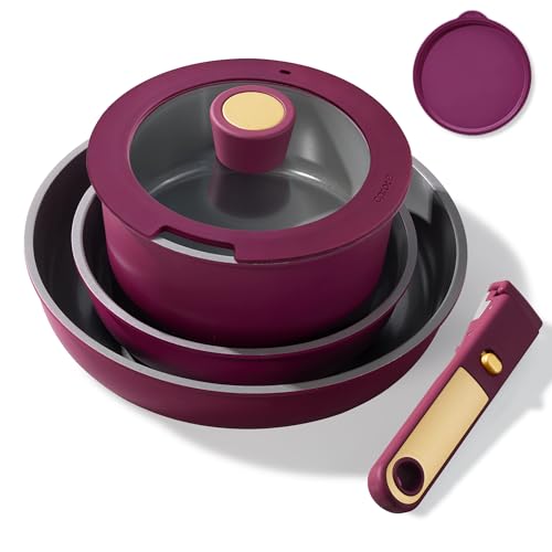 CAROTE Ceramic Pots and Pans Set, Nonstick Cookware Set Detachable Handle, 6pcs Induction Kitchen Cookware Sets Non Stick with Removable Handle, RV Cookware Set, Oven Safe, Purple