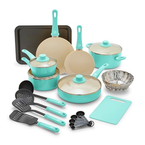 GreenLife Soft Grip Healthy Ceramic Nonstick 18 Piece Kitchen Cookware Pots and Frying Sauce Saute Pans Set, PFAS-Free with Kitchen Utensils and Lid, Dishwasher Safe, Turquoise