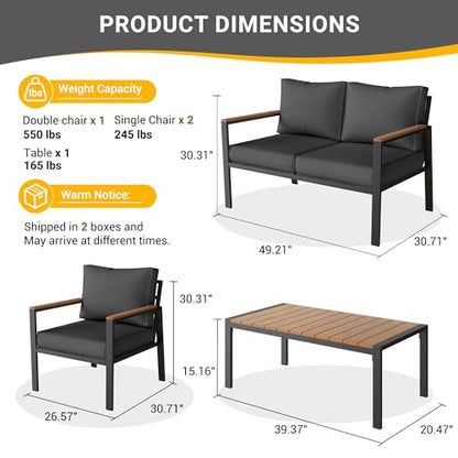 UDPATIO Metal Outdoor Patio Furniture Set, Modern Outdoor Conversation Sets w/Coffee Table, Outside Furniture with Thick, Washable and High-Resiliency Sponge Cushions, Deep Grey, 4 PCS