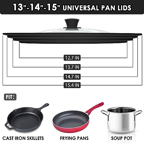 GDDGCUO 13-14-15 in Universal Pan Lid, Extra Large Silicone Pot Lid for Pots, Pans & Skillets, Replacement Frying Pan Lid with Heat Resistant Silicone Knob, Dishwasher Safe, Black