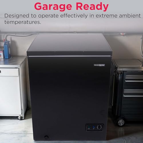 FRIGIDAIRE EFRF5003-BLACK Chest Deep Freezer-Garage-Ready, 5.0 Cu. Ft. Capacity, Black-Adjustable Thermostat-Removable Vinyl Coated Wire Basket-Easy Defrost Drain