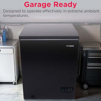 FRIGIDAIRE EFRF5003-BLACK Chest Deep Freezer-Garage-Ready, 5.0 Cu. Ft. Capacity, Black-Adjustable Thermostat-Removable Vinyl Coated Wire Basket-Easy Defrost Drain