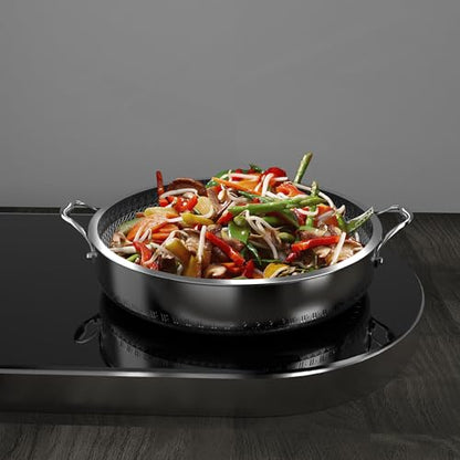 CATHYLIN 316L Stainless Steel 8QT Frying Pan Hex Nonstick Wok with Lid, Two Handle to Hold, PFOA Free, Dishwasher Oven Safe (8QT)