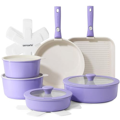 SENSARTE 17 Piece Ceramic Pots and Pans Set, Nonstick Detachable Handle Cookware, Induction Kitchen Cookware Set with Removable Handle, Dishwasher ＆ Oven Safe (Purple)