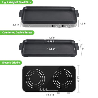 AMZCHEF Double Induction Cooktop, 1800W 2 Burner with Griddle Pan, Grey