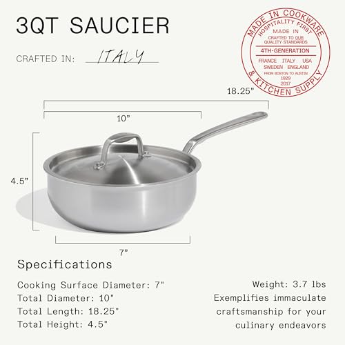 Made In Cookware | 3 QT Ceramic Non Stick Saucier with Lid | 5-Ply Stainless Clad with Stay-Cool Handle | Professional Cookware | Crafted in Italy | Induction Compatible