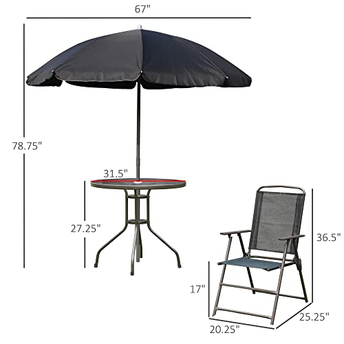 Outsunny 6 Piece Patio Dining Set for 4 with Umbrella, Outdoor Table and Chairs with 4 Folding Dining Chairs & Round Glass Table for Garden, Backyard and Poolside, Black and Coffee