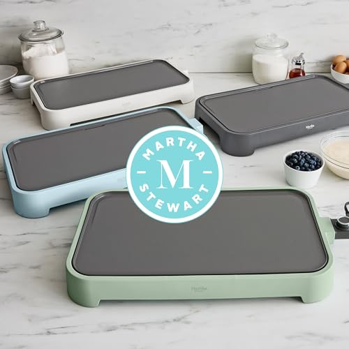 Martha Stewart 12” x 22” Electric Griddle, XL Ceramic Nonstick Flat Top Cooking Surface, Adjustable Temperature Dial, Drip Tray, Dishwasher Safe, 1500W Fast Even Heating, Pancakes & Eggs, Sky Blue
