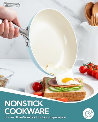 MICHELANGELO Pots and Pans Set Non Stick, 8-Piece Ti-infused Ceramic Cookware Set with Silicone Utensils - Induction Compatible, Oven Safe, PFOA-Free, Blue