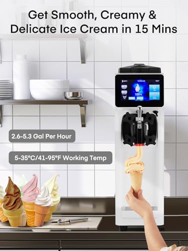 Commercial Ice Cream Machine, 10.4-20 QT/H Yield Soft Serve Ice Cream Machine with 4L Hopper & 1.6L Cylinder, Pre-Cooling & Auto Clean, Touch LCD for Snack Restaurants Bars (white, 4L)