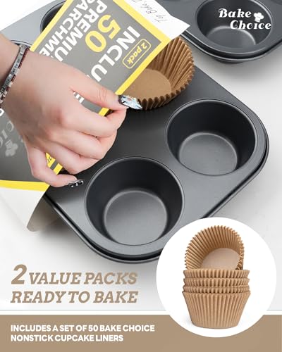 Bake Choice 2 Pack Jumbo Muffin Pan for Baking, Extra Large Cupcake Pan includes 50 Natural Jumbo Cupcake Liners, Muffin Tin Nonstick 6 Cup, Baking Pans Set, Carbon Steel Baking Supplies