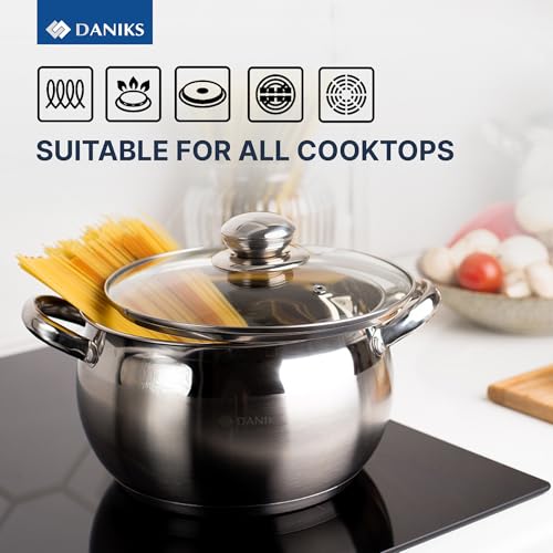 Daniks Classic 11-Piece Stainless Steel Cookware Set with Glass Lids, Includes Saucepan and Frying Pan with Lid, Tri-Ply Bases for Even Heating, Induction Compatible, Dishwasher Safe