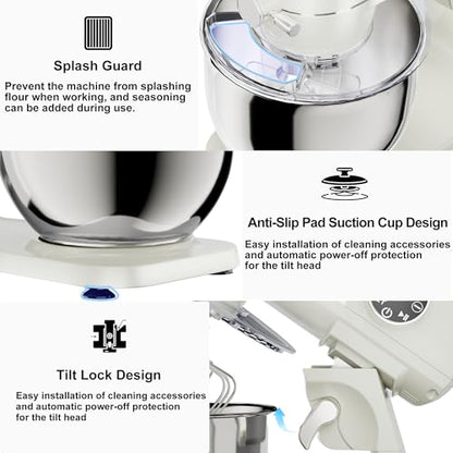 8.45 QT All Metal Stand Mixer,10 Speed Large Capacity Kitchen Mixer with Digital Timer & Tilt-Head, Electric Mixer with Whisk Dough Hook Mixing Beater for Baking,Cakes,Cookie,Bread,Salad (White)