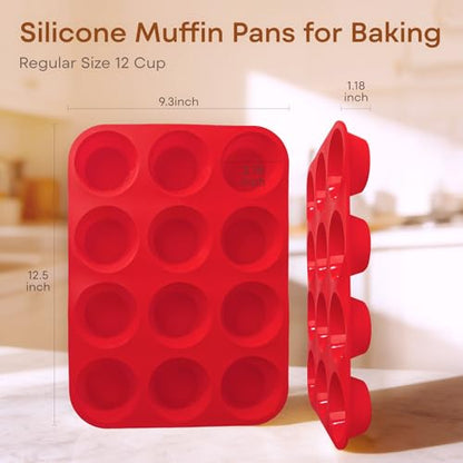 Ruinovate Silicone Muffin Pans for Baking Nonstick 2 Pcs, 12 Cup Regular Cupcake Pan, Food-Grade Silicone Baking Molds for Cupcakes, Egg Bites, Freezer, Red