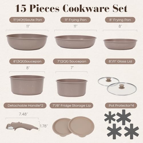 SODAY 15Pcs Pots and Pans Set Non Stick, Cookware Sets with Detachable Handle, Nonstick RV Kitchen Cooking Tools Removable Handles, Oven Safe, Induction Fast, Stackable Induction Cookware, Brown