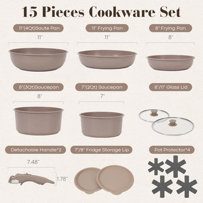 SODAY 15Pcs Pots and Pans Set Non Stick, Cookware Sets with Detachable Handle, Nonstick RV Kitchen Cooking Tools Removable Handles, Oven Safe, Induction Fast, Stackable Induction Cookware, Brown