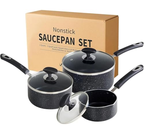 RATWIA Nonstick Saucepan Set - 3-Pieces Pot Set 1 Quart & 2 Quart & 3 Quart,Ultra Non Stick Sauce Pan Small Pot with Glass Lid,Great for Home Kitchen Restaurant,Black