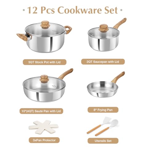 KOCH SYSTEME CS Stainless Steel Pots and Pans Set, Professional 18/10 Cookware Set Pots and Pans Set 12PCS with Cool-Touch Bakelite Handles, Tri-ply Base Kitchen Cookware Sets, Induction Compatible