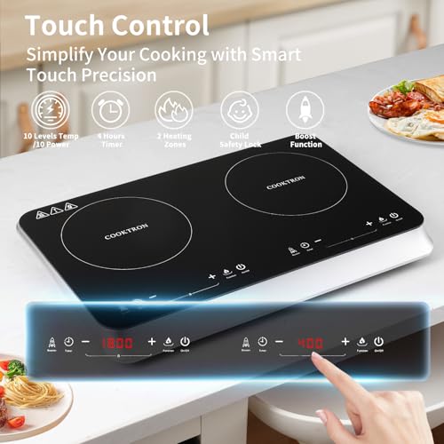 COOKTRON Portable Induction Cooktop 2 Burner, 1800W with Booster