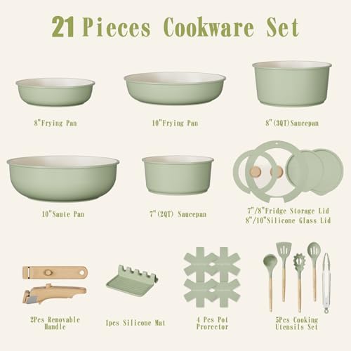 Umite Chef Non Stick Pots and Pans Set, 21 Pcs Ceramic Kitchen Cookware Set with Detachable Handle, Nonstick Healthy Induction Cookware, Dishwasher RV Cookware Set, Oven Safe, Stackable, Sage Green