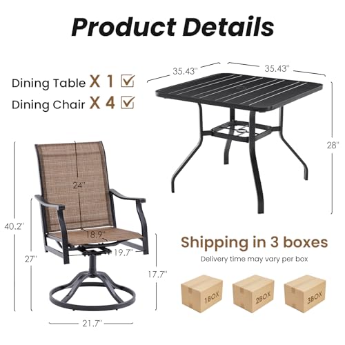 Soohow Patio Dining Set for 4, 5 Piece Outdoor Table and Chairs Set, 4 x Swivel Patio Chairs with Textilene Fabric and 35"x35" Outdoor Dining Table with 1.57" Umbrella Hole for Poolside, Backyard