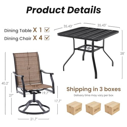 Soohow Patio Dining Set for 4, 5 Piece Outdoor Table and Chairs Set, 4 x Swivel Patio Chairs with Textilene Fabric and 35"x35" Outdoor Dining Table with 1.57" Umbrella Hole for Poolside, Backyard