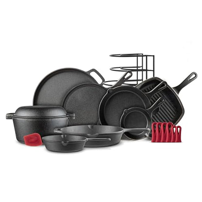 Cast Iron Cookware 18-Piece Set - Pre-Seasoned 6" + 8" + 10" + 12" Skillet + Grill Pan+Lid + Griddle + Pizza Pan + Dutch Oven+Cover/Pan + Panrack + Silicone Handle Cover + Pan Scraper/Cleaner