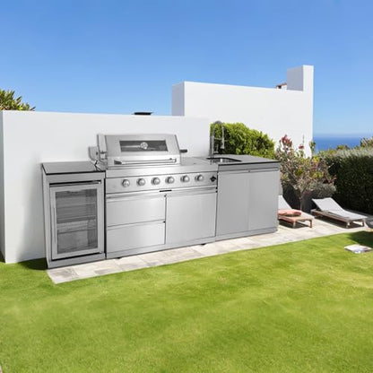 Modular Outdoor Kitchen BBQ Island, 104" Outdoor Kitchen Propane Gas Island Grill with Sink, Compact Refrigerator, Storage Cabinets, Rotisserie Kit (Silver, 104")
