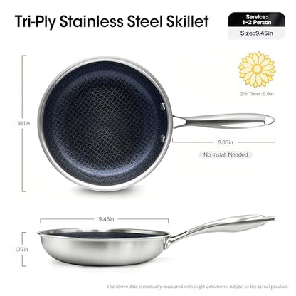 BRASA Nonstick Frying Pan 9.45-inch,Tri-Ply Stainless Steel Skillet,Honeycomb Ceramic Coating, Induction & All Cooktop Compatible,Dishwasher safe (PFOS, PFOA Free)(9.45 in+5.9 in trivet)