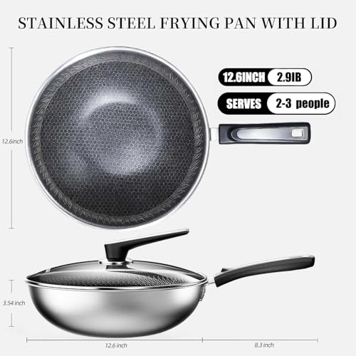 SLONUVLND 13 Inch Nonstick Frying Pan,Stainless Steel Frying Pan, Skillet with lid Suitable for Induction,Ceramic,Gas Cooktops and Ovens