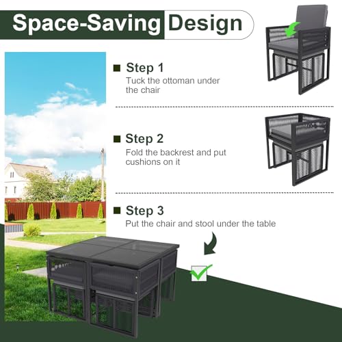 Tangkula 9 Pieces Patio Dining Set, Outdoor Space-Saving Furniture Set with PE Rattan Chairs, Tempered Glass Table and Ottomans, Outdoor Sectional Conversation Set with Cushions for Yard