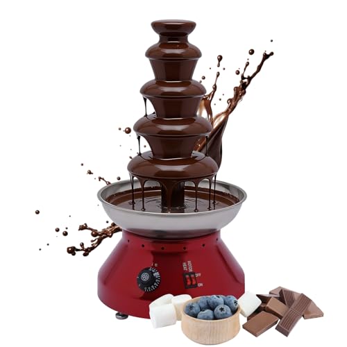 Chocolate Fountain Machine, 5 Tier Chocolate Fondue Fountain with Capability 7 lb Commercial Hot Chocolate Fondue Tower for Nacho Cheese Liqueurs Party Wedding 230W (Red)