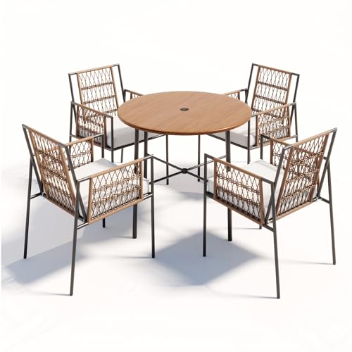 LAUSAINT HOME 5 Piece Outdoor Patio Dining Set, PE Rattan Patio Furniture Set with 4 Cushioned Armchairs & 1 Round Dining Table with Umbrella Hole, Steel Frame for Backyard, Porch, Poolside, Beige