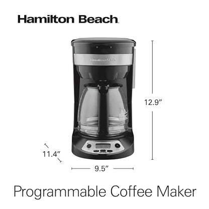 Hamilton Beach 12 Cup Programmable Drip Coffee Maker Machine, Regular & Bold Brew Options, Auto Pause and Pour, Glass Carafe, Black with Stainless Accents (46299J)