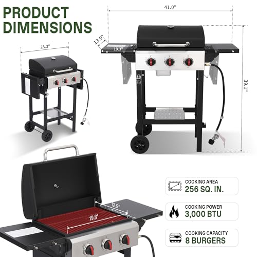 LMNOCHM Propane Grill with Folding Side Tables, 3-Burner Gas Grill with Porcelain-Enameled Cast Iron Grates and Stainless Steel Grill Pan, 30,000 BTU BBQ Grill with Wheels for Outdoor Cooking