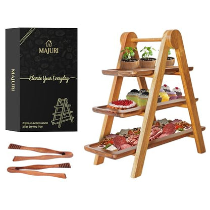 MAJURI 3 Tier Wooden Serving Tray, Halloween Serving Tray, Set of 2 Tongs Free, Tiered Serving Trays for Party, Picnic, Your Perfect Elevated Charcuterie Stand and for 3 Tiered Dessert Stand Lovers