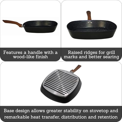 IMUSA 11-Inch PFAS Free Ceramic NonStick Grill Pan, Aluminum Griddle Pan with Cool-Touch WoodLook Handle, Large Cooking Surface for Burgers, Steaks, Vegetables, Sandwiches & BBQ
