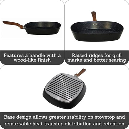 IMUSA 11-Inch PFAS Free Ceramic NonStick Grill Pan, Aluminum Griddle Pan with Cool-Touch WoodLook Handle, Large Cooking Surface for Burgers, Steaks, Vegetables, Sandwiches & BBQ