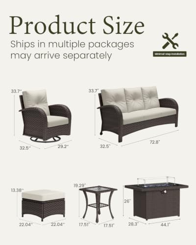 LayinSun 7 Pieces Outdoor Patio Furniture Set with Fire Pit Table
