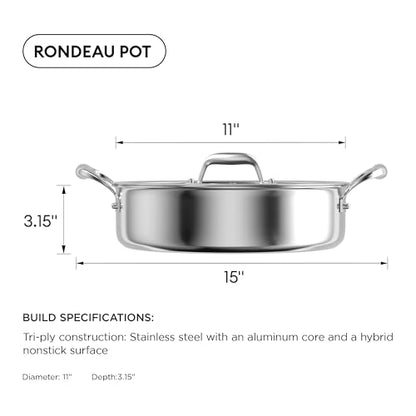 COOKER KING 5QT Stainless Steel Saute Pan with Lid, Hybrid Nonstick Deep Saute Pan, Chicken Fryer, Tri-Ply Clad Even Heat Distribution, Dishwasher-Friendly,Oven Safe to 900°F, Induction Compatible
