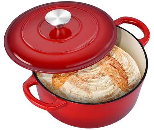 3QT Dutch Oven Pot with Lid, Leonyo 3 Quart Enameled Cast Iron Dutch Oven for Sourdough Bread Baking, Heavy Duty Cookware for Braising, Stews, Roasting, Red