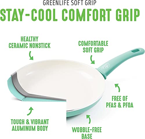 GreenLife Nonstick 8" Frying Pan Skillet, Non-Toxic PFAS-Free Ceramic Nonstick, Dishwasher & Oven Safe, Stay-Cool Handles, Wobble Free, Turquoise