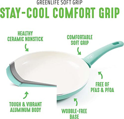 GreenLife Nonstick 8" Frying Pan Skillet, Non-Toxic PFAS-Free Ceramic Nonstick, Dishwasher & Oven Safe, Stay-Cool Handles, Wobble Free, Turquoise