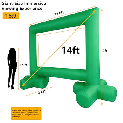 JumpYeah 14FT Green Stand Inflatable Projector Screen Movie Removeable Screen with Built-in Air Blower, Movie Screen for Night Family Parties