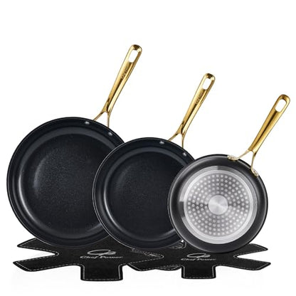 Chef Power Ceramic Frying Pan with Stainless Steel handle 5Pcs Set, Non-toxic Non Stick Grill Pan Set, Induction, Dishwasher and Oven Safe, Stone Black & Light Gold Handle, 8'', 9'', 11'' Skillet