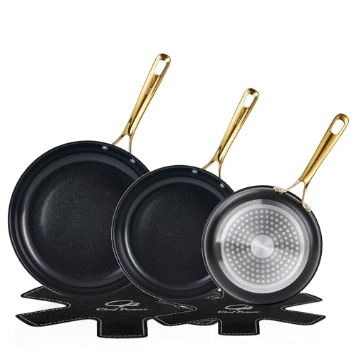 Chef Power Ceramic Frying Pan with Stainless Steel handle 5Pcs Set, Non-toxic Non Stick Grill Pan Set, Induction, Dishwasher and Oven Safe, Stone Black & Light Gold Handle, 8'', 9'', 11'' Skillet